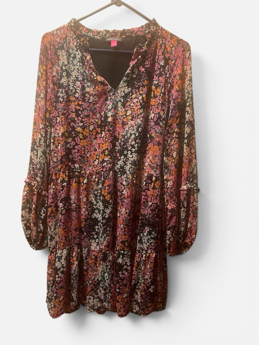 Vince Camuto Black Floral Tiered Long-Sleeve Dress